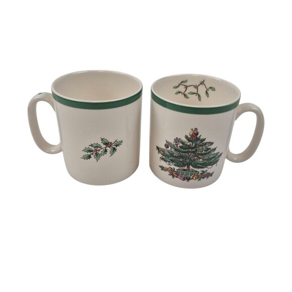Spode Christmas Tree Mug Set of 2 Green Trim England S3324 Vintage Earthenware - Picture 9 of 10